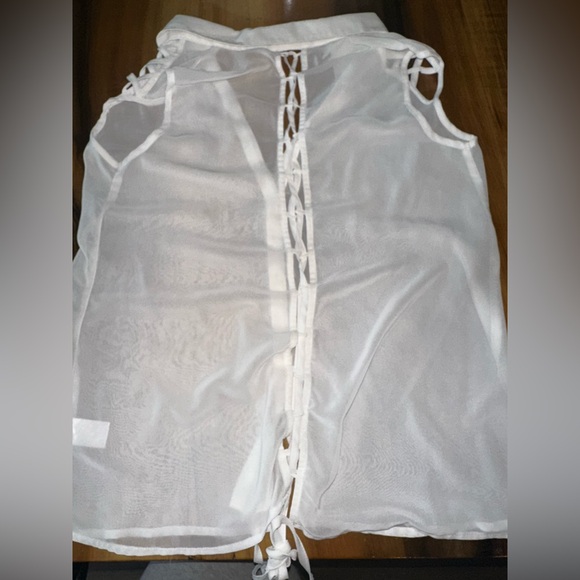 tobi white sheer tank lace up Back Top M Blouse Collar Shirt Button RARE S Spine - Picture 3 of 6